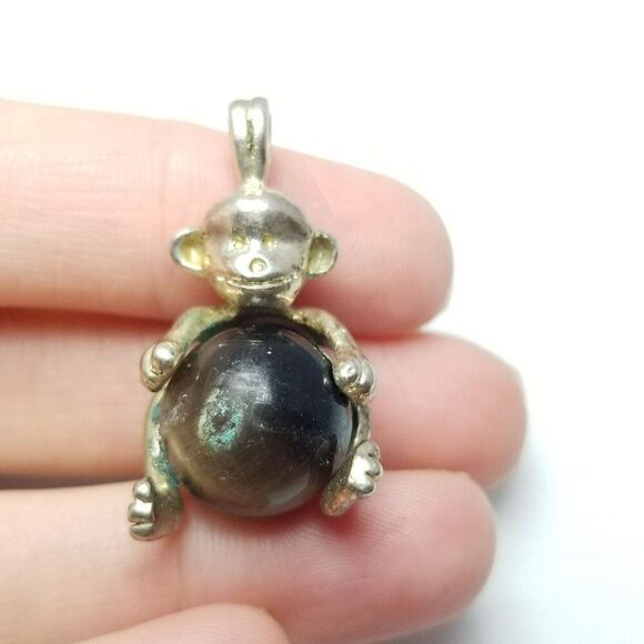 Vintage Little Monkey Holding Brown Catseye Glass Ball Pendant Charm Silver Tone - Picture 2 of 7